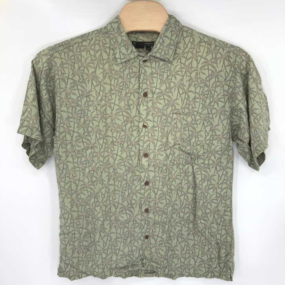Royal Robbins Button Up Shirt Mens Large Green Palm Tree Rayon Short Sleeve